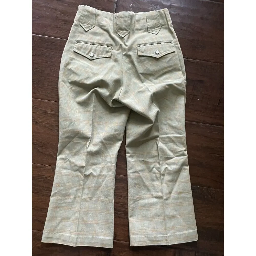 Vintage 60s 70s Little Boys Bell Bottom‎ Pants Green Plaid